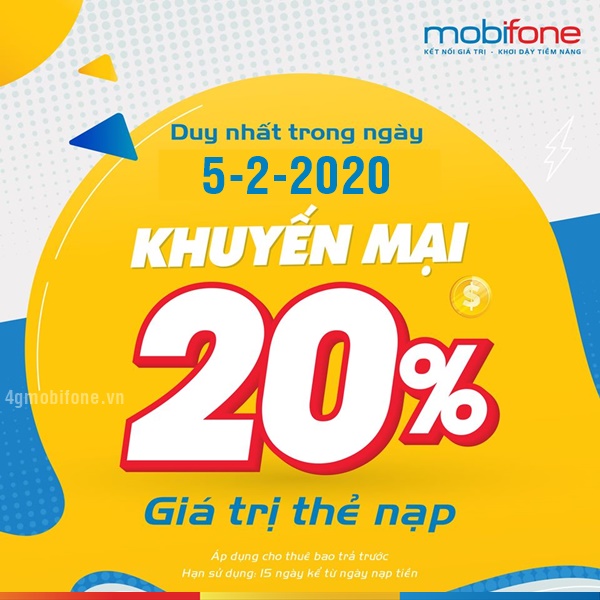 Mobifone khuyến mãi 20% giá trị thẻ nạp ngày vàng 5/2/2020 