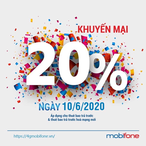 Mobifone khuyến mãi 20% giá trị thẻ nạp ngày 10/6/2020 