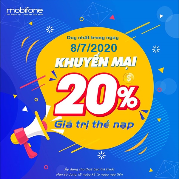 Mobifone khuyến mãi 20% giá trị thẻ nạp ngày vàng 8/7/2020