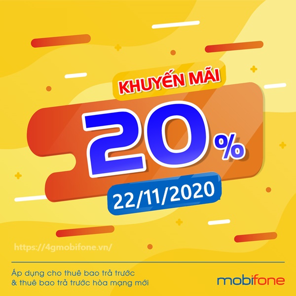 Mobifone khuyến mãi 20% thẻ nạp ngày 22/11/2020 
