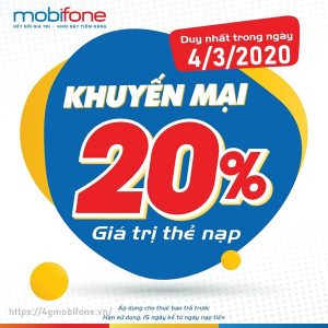 Mobifone khuyến mãi 20% giá trị thẻ nạp ngày vàng 4/3/2020