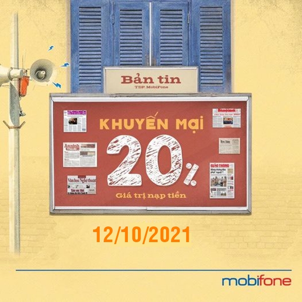 Mobifone khuyến mãi 20% giá trị thẻ nạp cục bộ ngày 12/10/2021